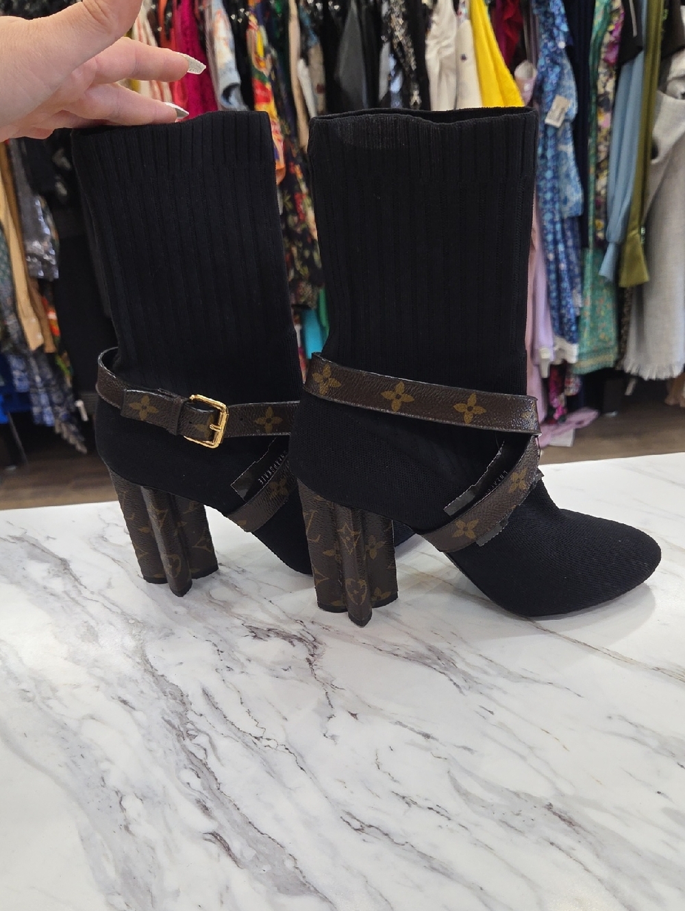 Louis Vuitton Black Knit Sock Boots with Monogram Brown Straps